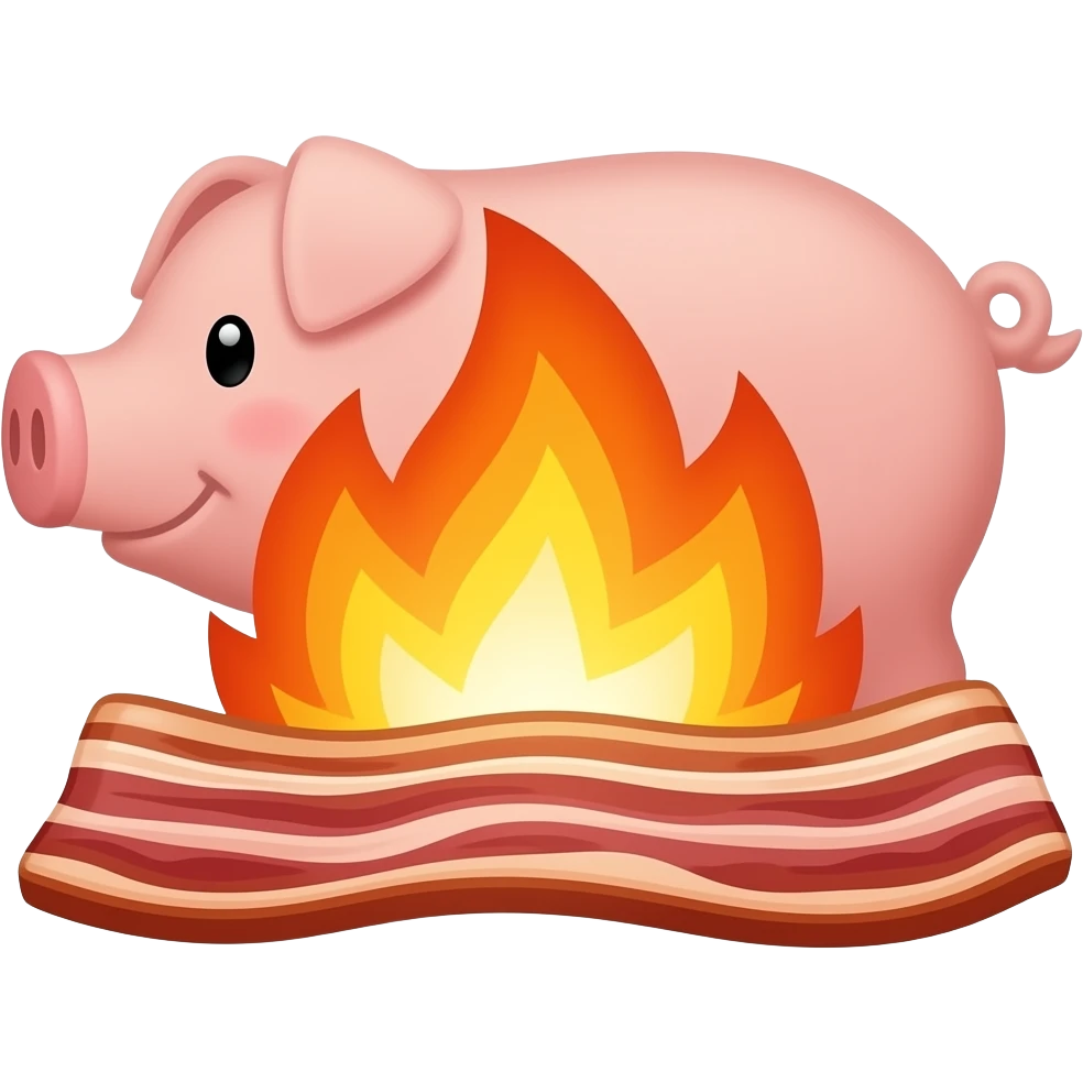 text large font size "porco dio" with a pig outline in the background, explosion, fire, bacon emoji