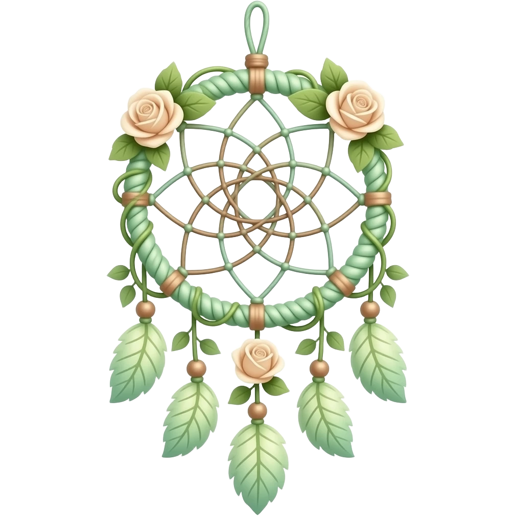 Cute dainty neat Pastel Green-white-brownish-beige-gradients thread-rope-hanging dreamcatcher, pastel colors, whitish, light, green academia aesthetic, mossy, with green vines and beige roses emoji