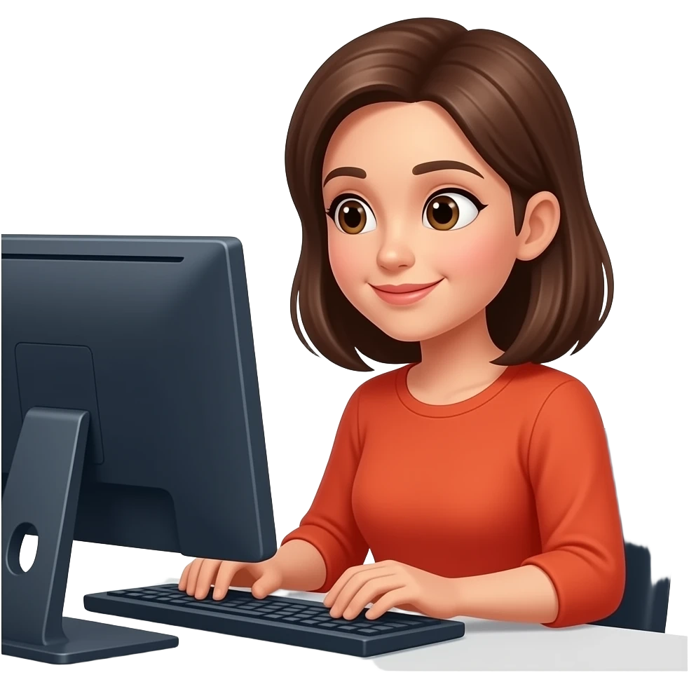 A satisfied woman is working at the computer. emoji