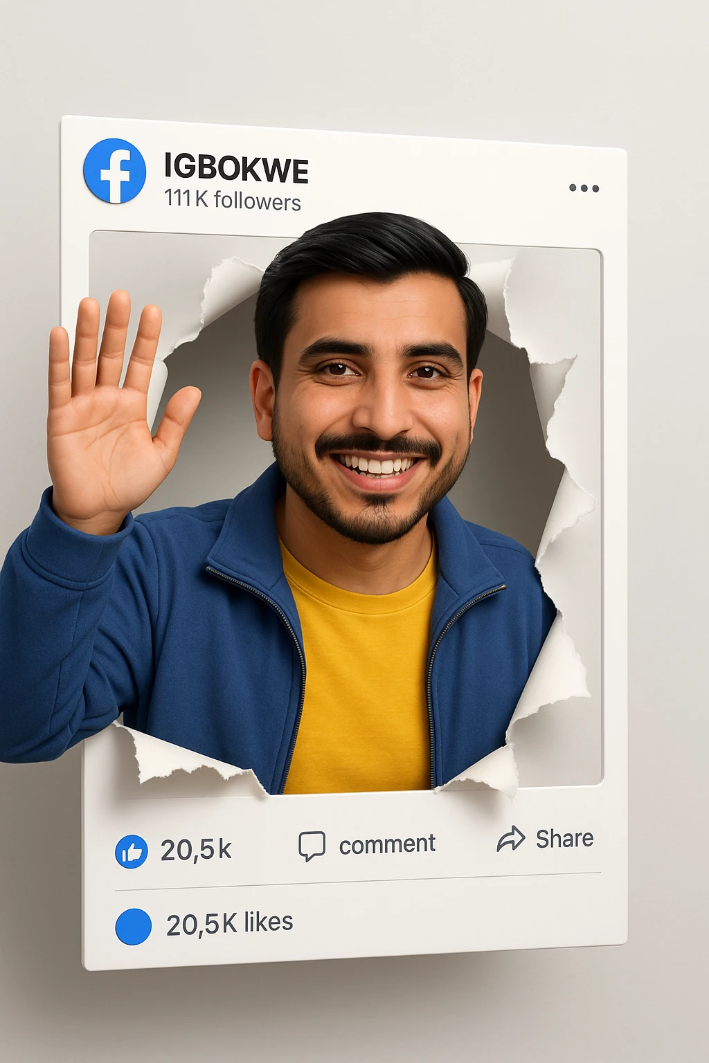 Create a hyper-realistic 3D digital illustration of the person in the photo breaking through a Facebook post frame. The person is smiling exactly as in the photo, wearing a yellow t-shirt and a blue zip-up jacket, waving with their right hand. The Facebook frame appears as a physical cutout with ripped paper edges where the person bursts through, creating a 3D pop-out effect. The top of the frame includes the account name “IGBOKWE” with “WE 111K followers.” The design mimics the Facebook interface with icons (like, comment, share) and the caption section showing “20.5k likes.” Use bright, clean lighting and a neutral background for a modern, polished aesthetic. HD quality. emoji