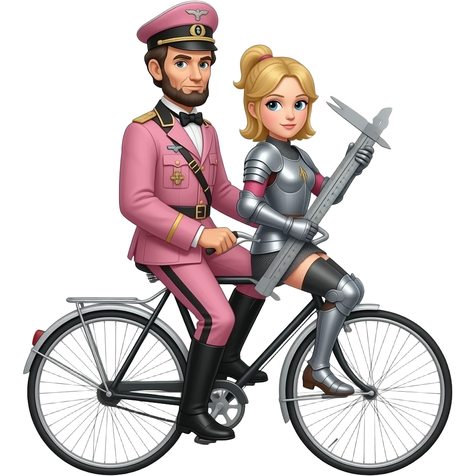 synthwave style - Abraham Lincoln in a pink German World War II uniform transports the thin and serious Joan of Arc on a vélocipède, Joan of Arc carries a huge school caliper in her hands emoji