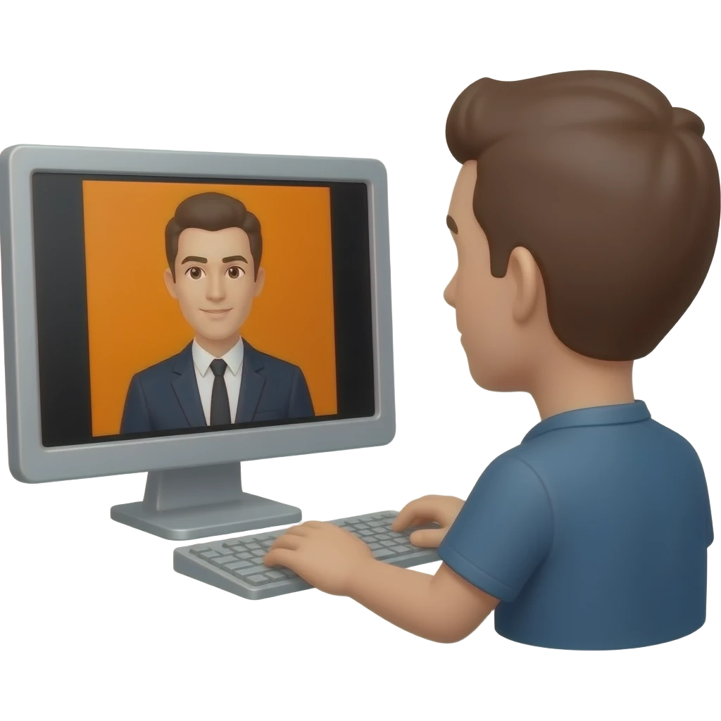 person looking at monitor. the monitor shows orange and black colors emoji