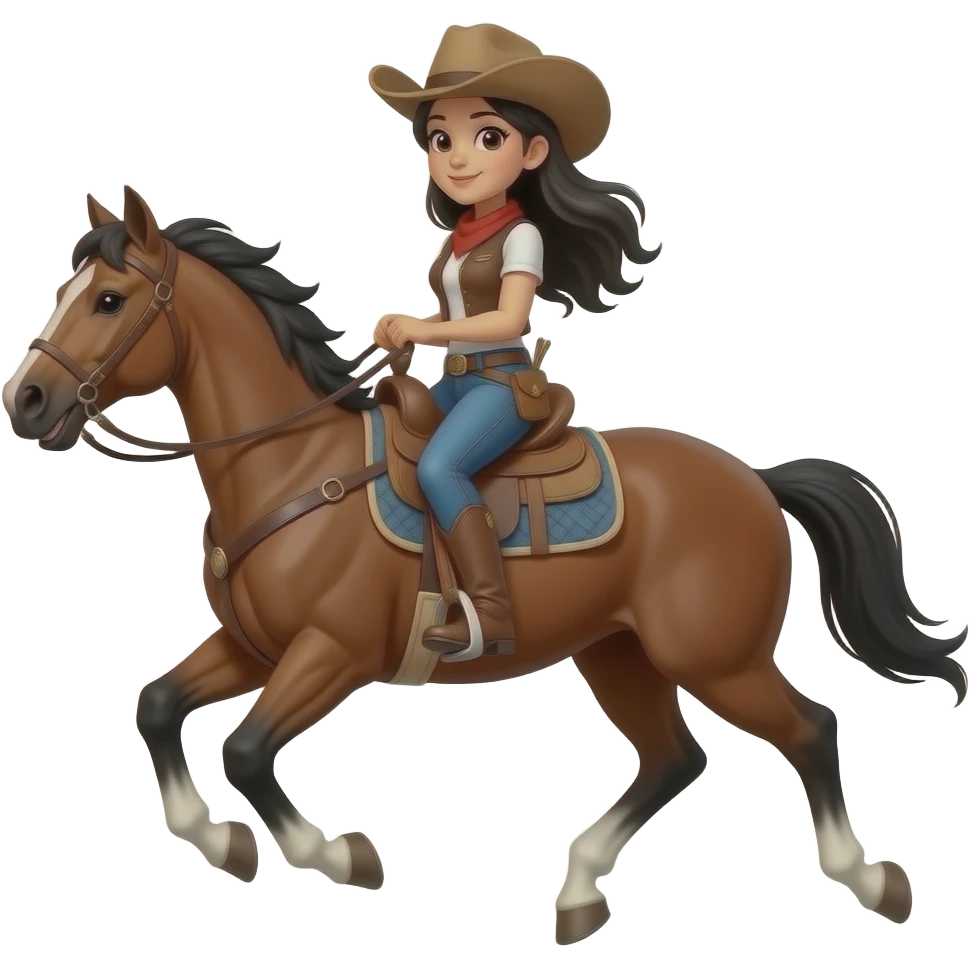Black haired cowgirl galloping on a horse emoji