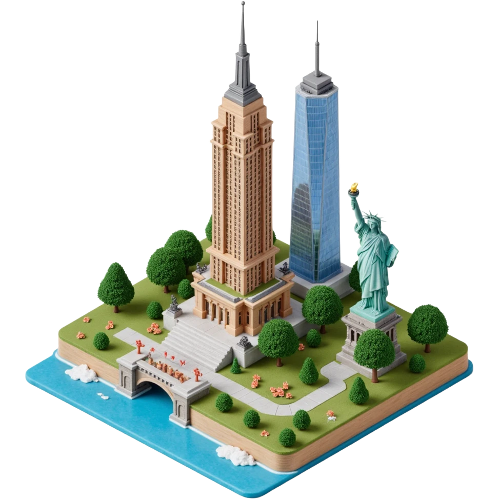 Isometric miniature of New York Сity Empire State Building, Chrysler Building, One World Trade Center, Statue of Liberty, Brooklyn Bridge emoji