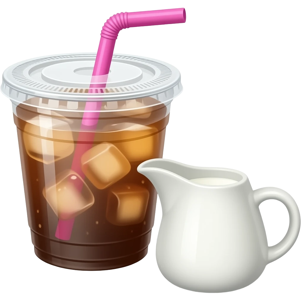 Iced coffee in to-go cup, flat lid, pink straw, little creamer emoji
