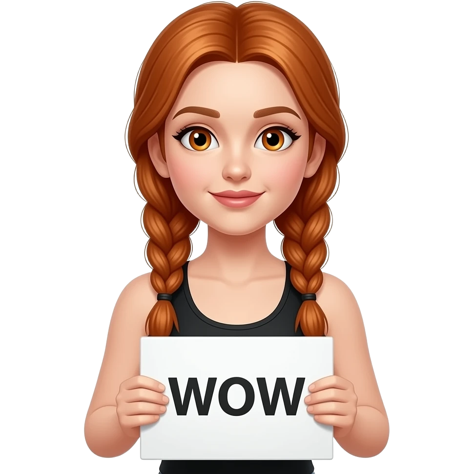 sexy girl with long ginger braids and ginger eyes wearing a black tanktop and is holding a white sign with WOW written on it emoji