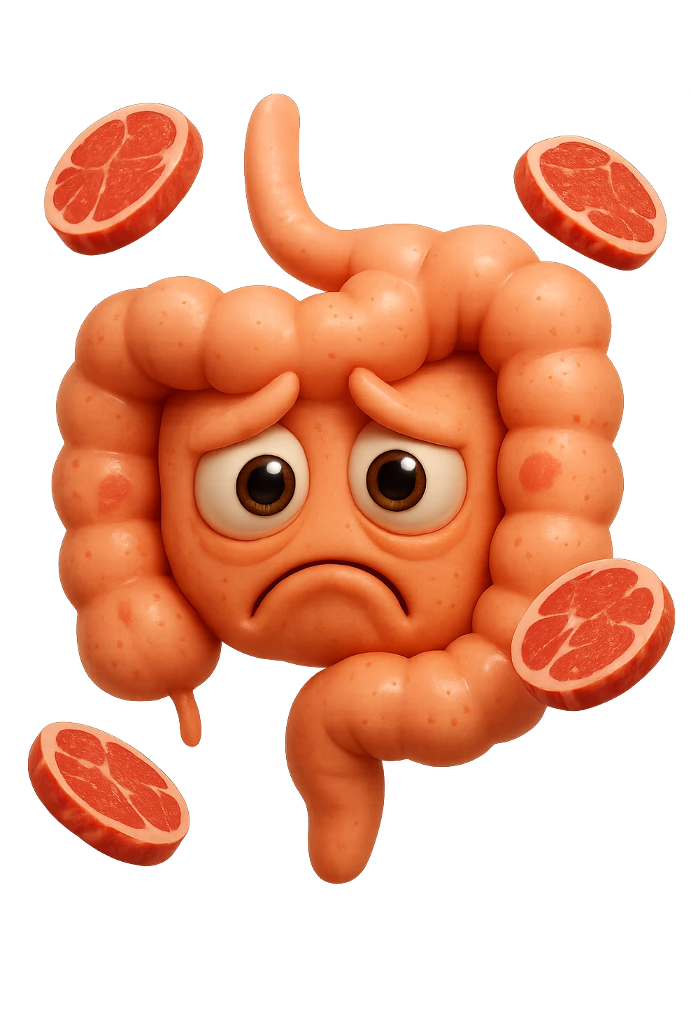 emoji stile iphone in 3d di un intestino triste con fette di carne che gli fluttuano intorno, gli occhi falli con la parte bianca pure, iperrealistico 4k emoji