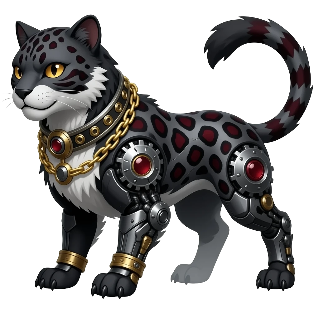 Mature quadrupedal Epic majestic complex  glorious futuristic detailed dark dusky gloomy deep gothic sanguine-blood-maroon-black-white, realistic Fakémon-Sprigatito-Houndoom-Luxray-Leopard-Persian-Trico-Shinx-Serval-Vernid-creature (full body) with metal gears and metal collar with gold chains emoji