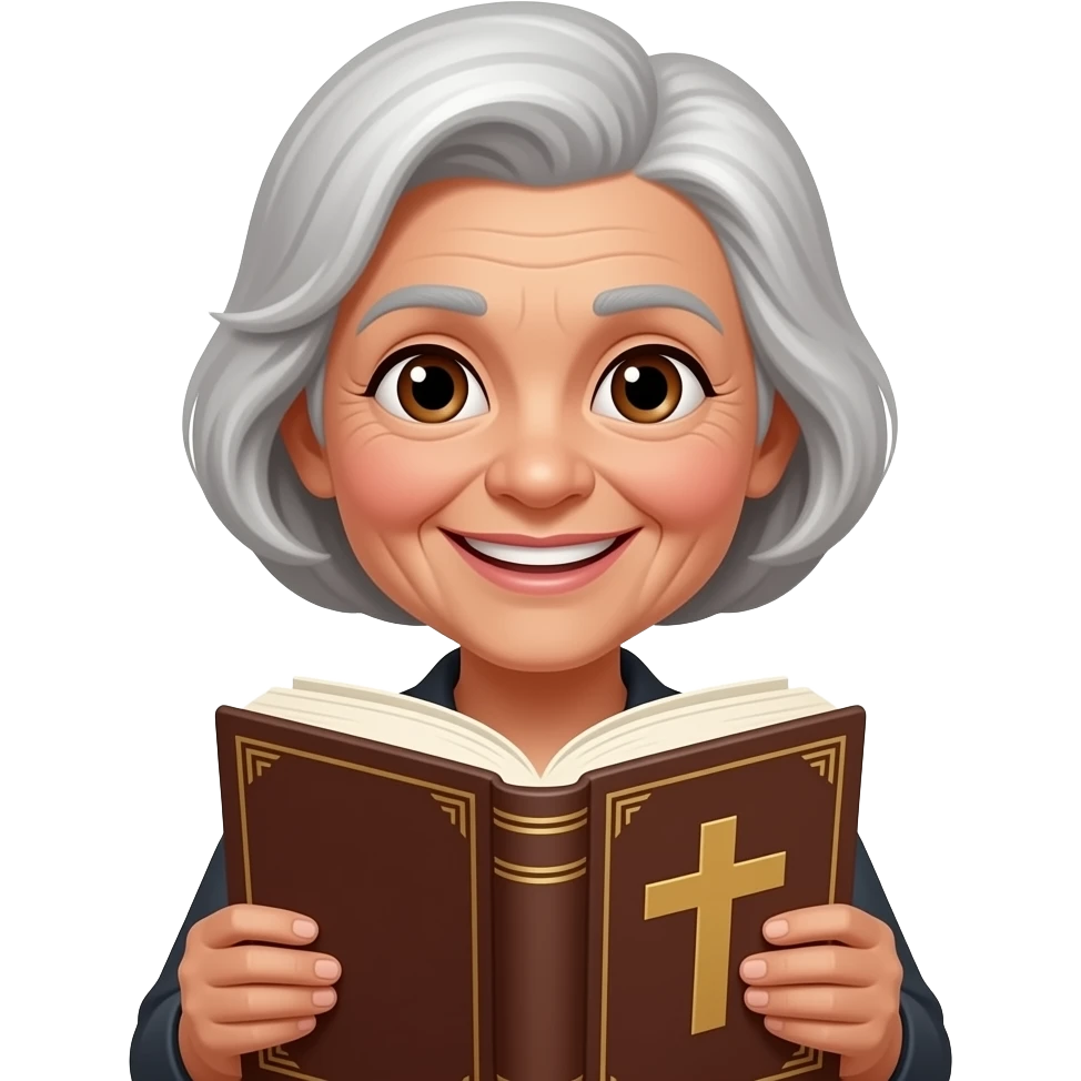 wise older woman with light brown skin brown eyes smile with book that has a cross on it emoji