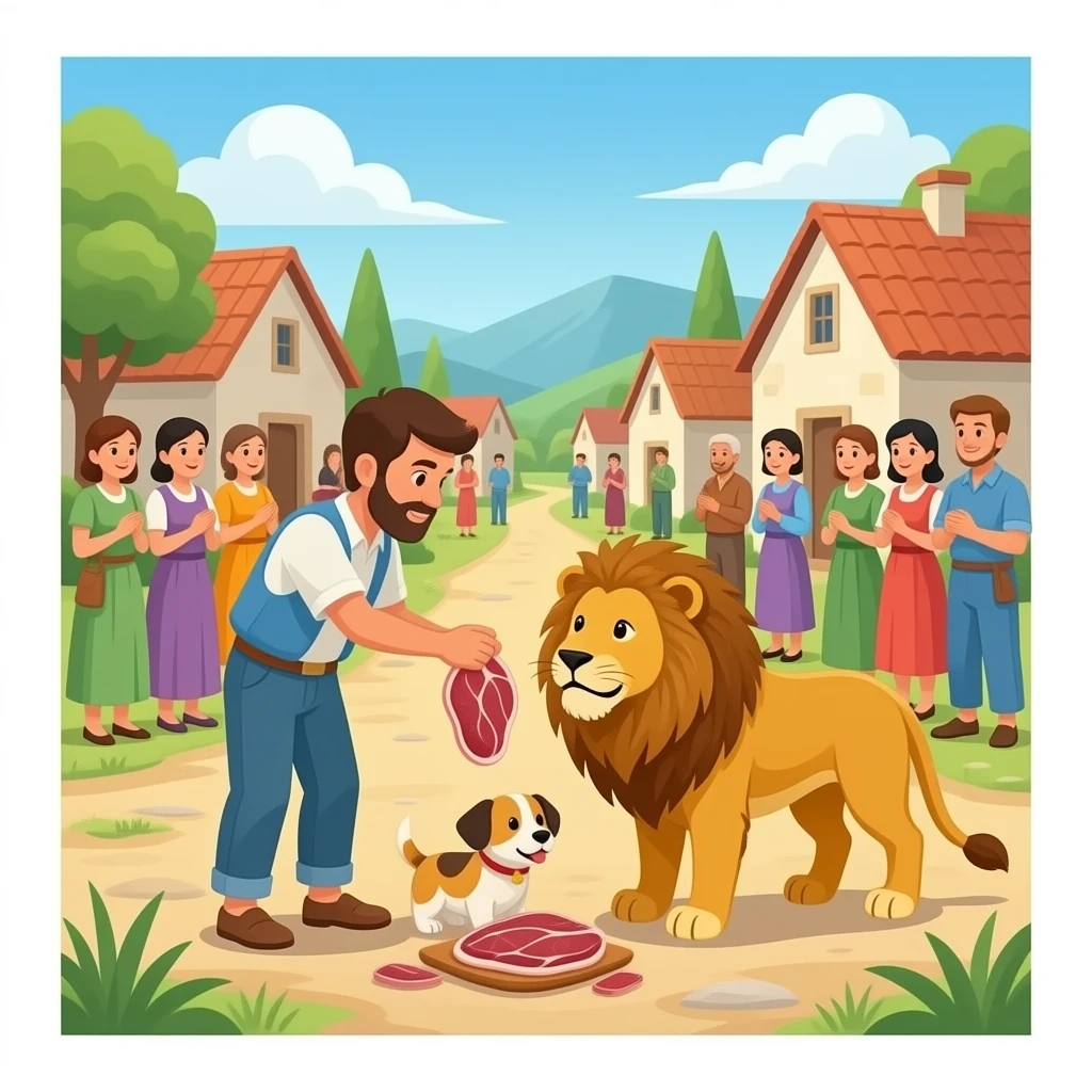 UNS humans donarlis de manja a un lleo i un gos en un poble i que llagin mes persones emoji