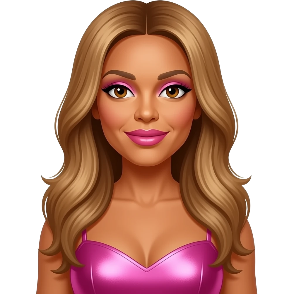 Wendy Williams with brown eyes, long golden brown hair, pink eyeshadow, hot pink lipstick, pink metallic dress emoji