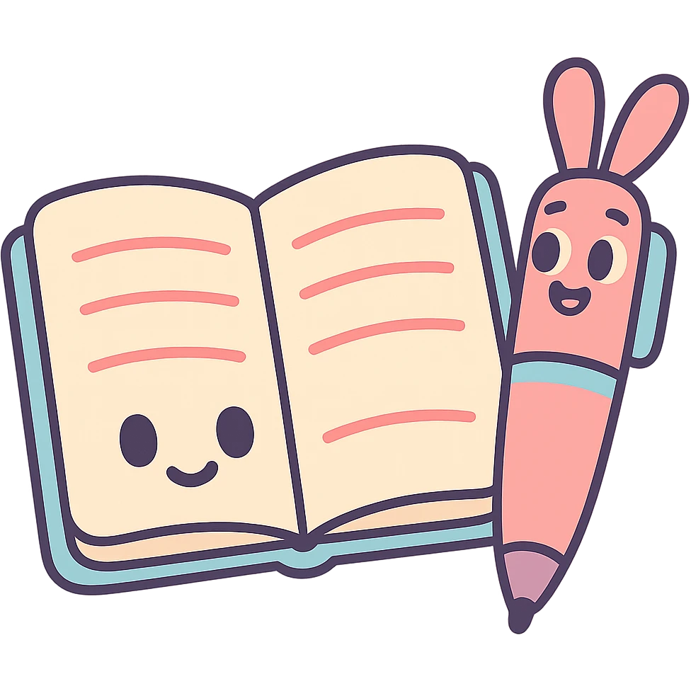 open notebook with a pen with ears, pastel toon style, cute and cartoonish emoji