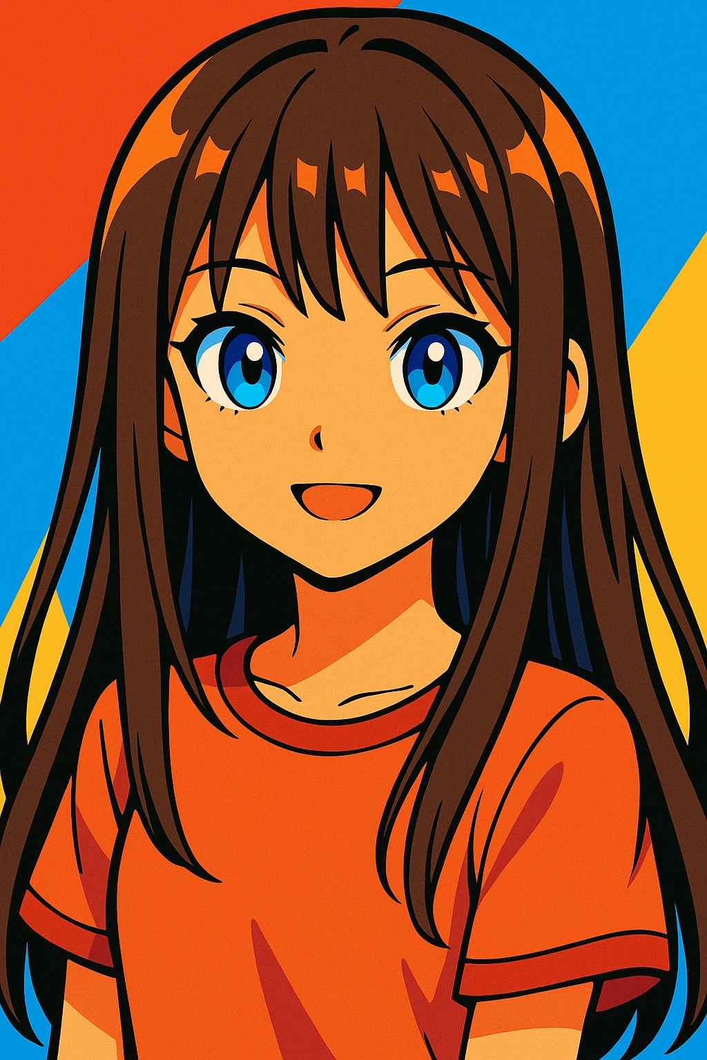 portrait of a girl with long straight brunette hair and blue eyes, vibrant anime style emoji