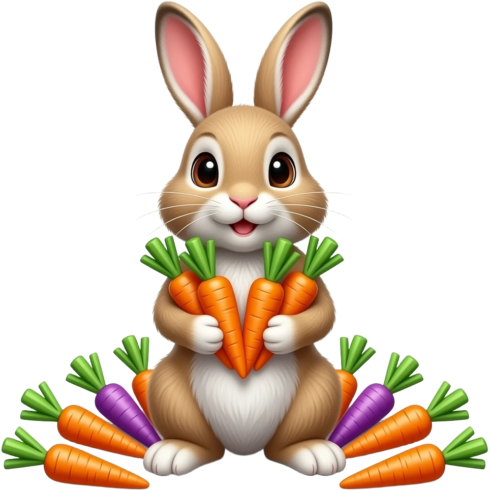 Realistic easter bunny with many colorful carrots emoji