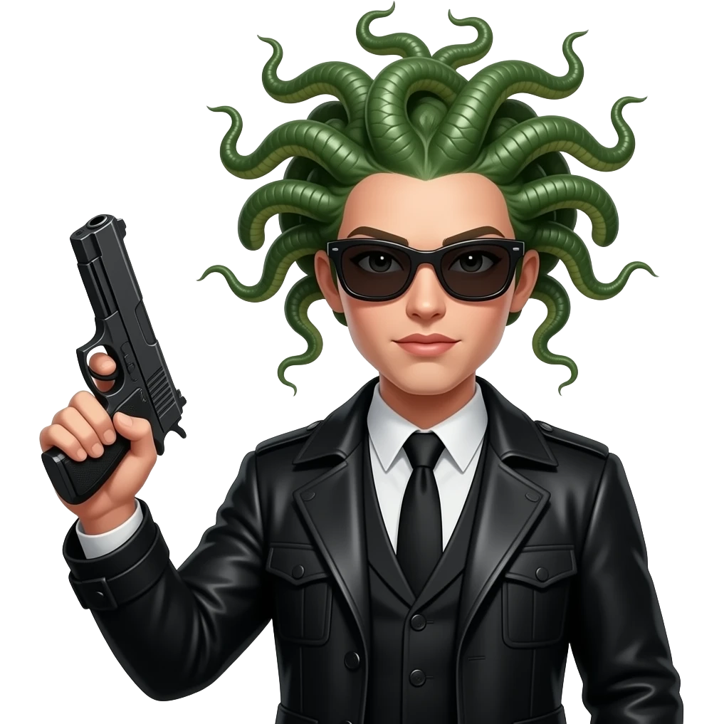 Medusa in black duster with sunglasses holding gun emoji