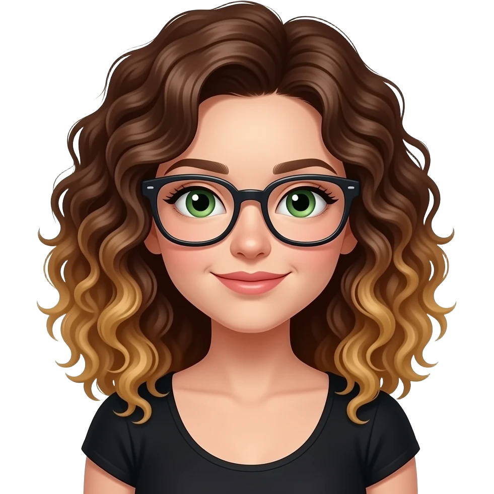 Uma menina branca  olhos verdes usa óculos cabelos cacheados nem curto e nem longo cor do cabelo castanho com mel nas pontas  um vestido preto o cabelo um pouquinho maior emoji