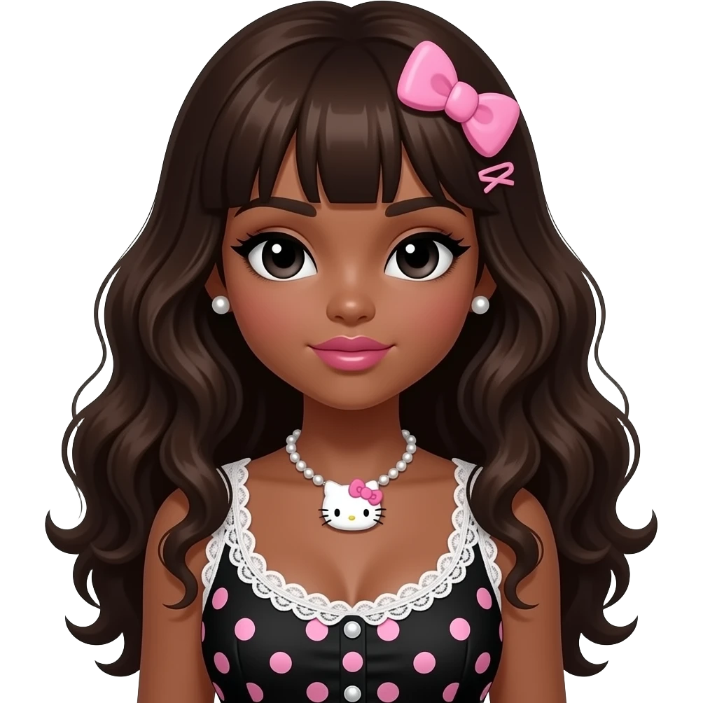 dark brown eyebrows, pearl earring studs, black girl, pink lips, my melody hairclip, dark brown skin, Doll faced shaped, hello kitty necklace, bimbo, black doll eyes, Big lips, long curly dark brown hair, with white or black lace baby pink polka dots with gyaru sleeveless shirt, with big breast emoji