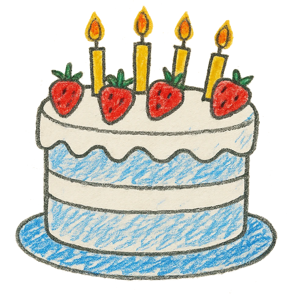 white birthday cake with strawberries and candles, cheerful and fun, children doodle style emoji