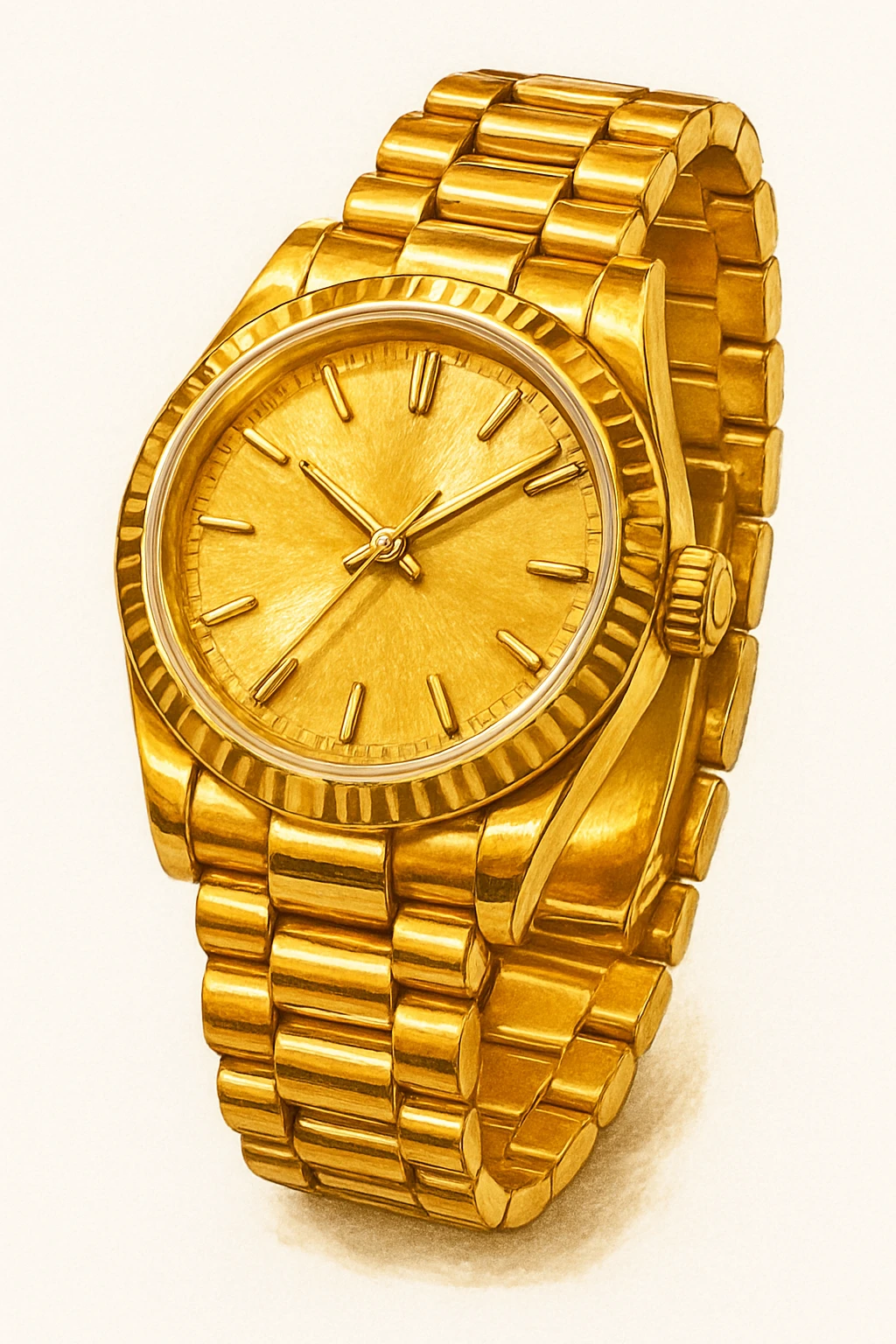 Сгенерируй мне часы ЗОЛОТЫЕ, дорогие, в чуть рисованном стиле. На чисто белом фоне. БЕЗ НАДПИСЕЙ. Но при этом объмная и яркая. Золото не должно быть пластмассовое, оно должно быть блестящие, хорошее emoji