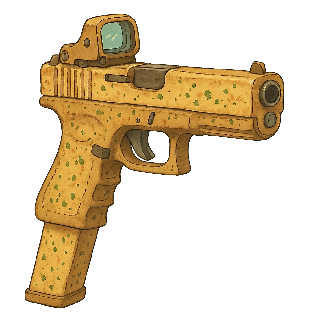 A glock with an extended magazine and holo sight, except it’s garlic bread  emoji