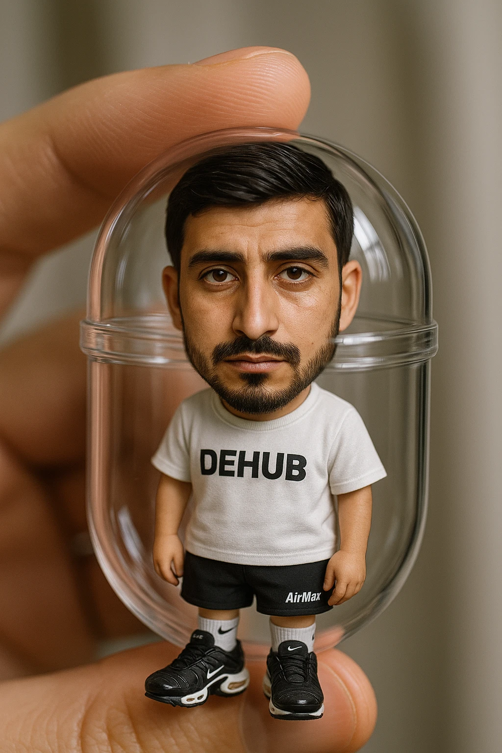 Create a highly detailed, all-glass gashapon capsule held between two fingers. Inside the capsule is a miniature chibi version of the person in the reference photo, with a photorealistic face matching the reference image, life-size chibi style. The chibi wears a white T-shirt with 'DEHUB', black 'Air Max' shorts, Air Max TN shoes, and white Nike socks. Emphasize the realism of the capsule and the collectible charm of the chibi figure inside, blending photorealism for the face and detailed chibi style for the figure and capsule. emoji