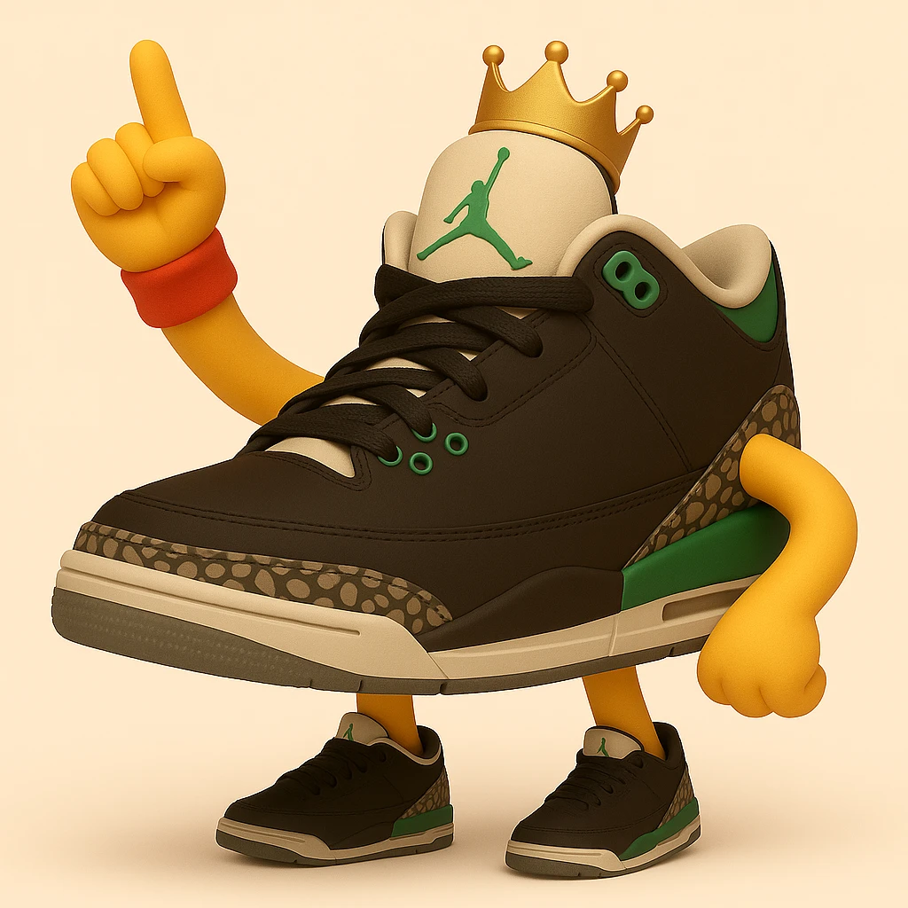 Create a sneaker character in 3D emoji style, standing with one arm raised and finger pointing up, inspired by the pose in the reference images. Keep arms and legs, no face, and maintain the same sneaker style as the previous images. The style should resemble 3D emoji style but use the general editor for best editing support. emoji