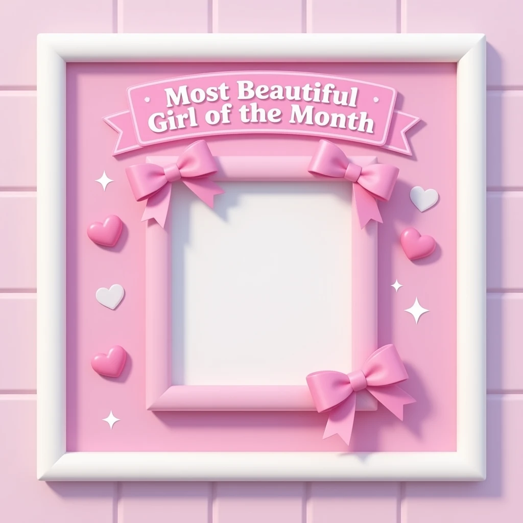 A pastel wall with a cute decorative photo frame in the center, above the frame there is a sign that says “Most Beautiful Girl of the Month”, decorated with ribbons, hearts, and sparkles, soft glowing lighting, empty frame, kawaii 3D style, glossy texture inspired by Barbie colour palette emoji
