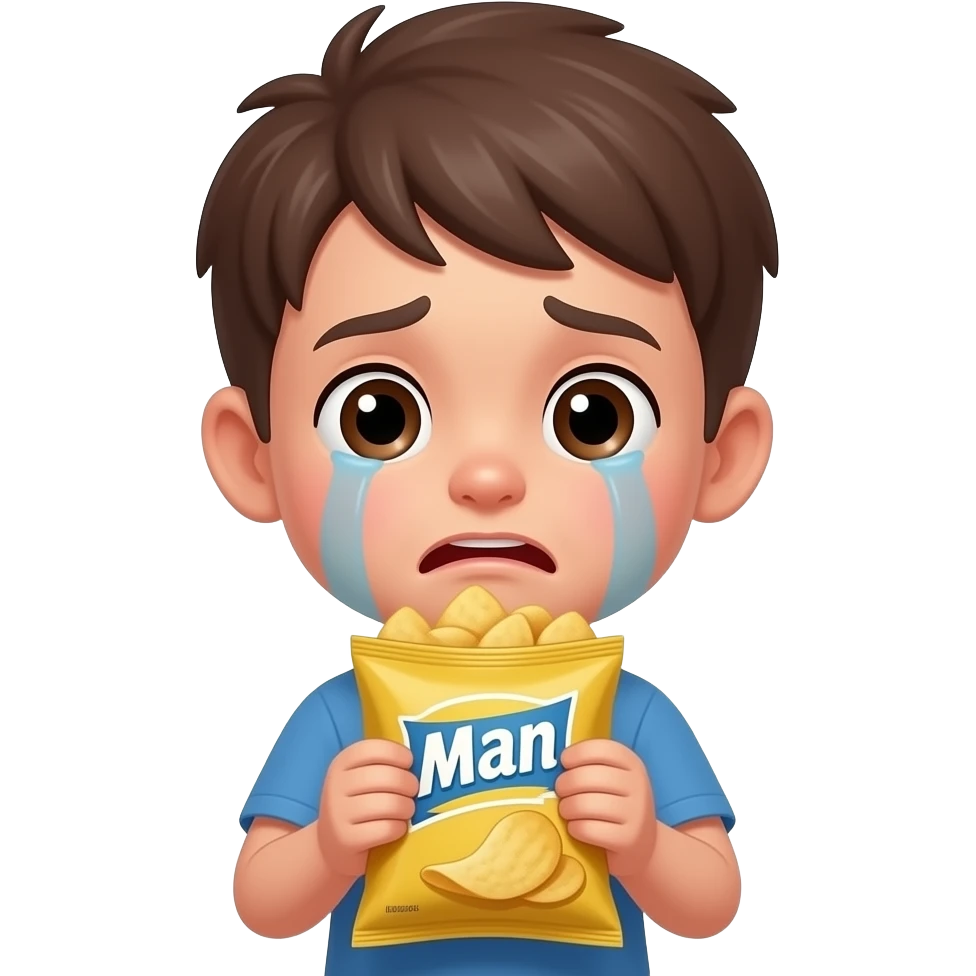 A crybaby boy, eating a bag of man chips emoji