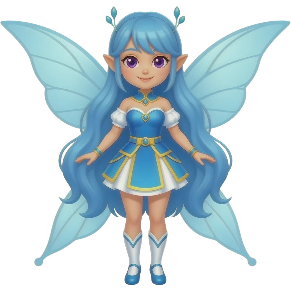 A female water fairy with a full body, blue hair violet eyes and wearing a blue outfit with white and cream yellow accents. emoji