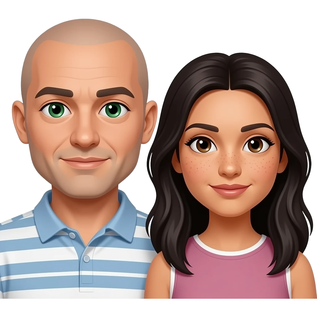 Couple. Bald man with green eyes, Hispanic woman with many small faded, freckles and dark hair. emoji