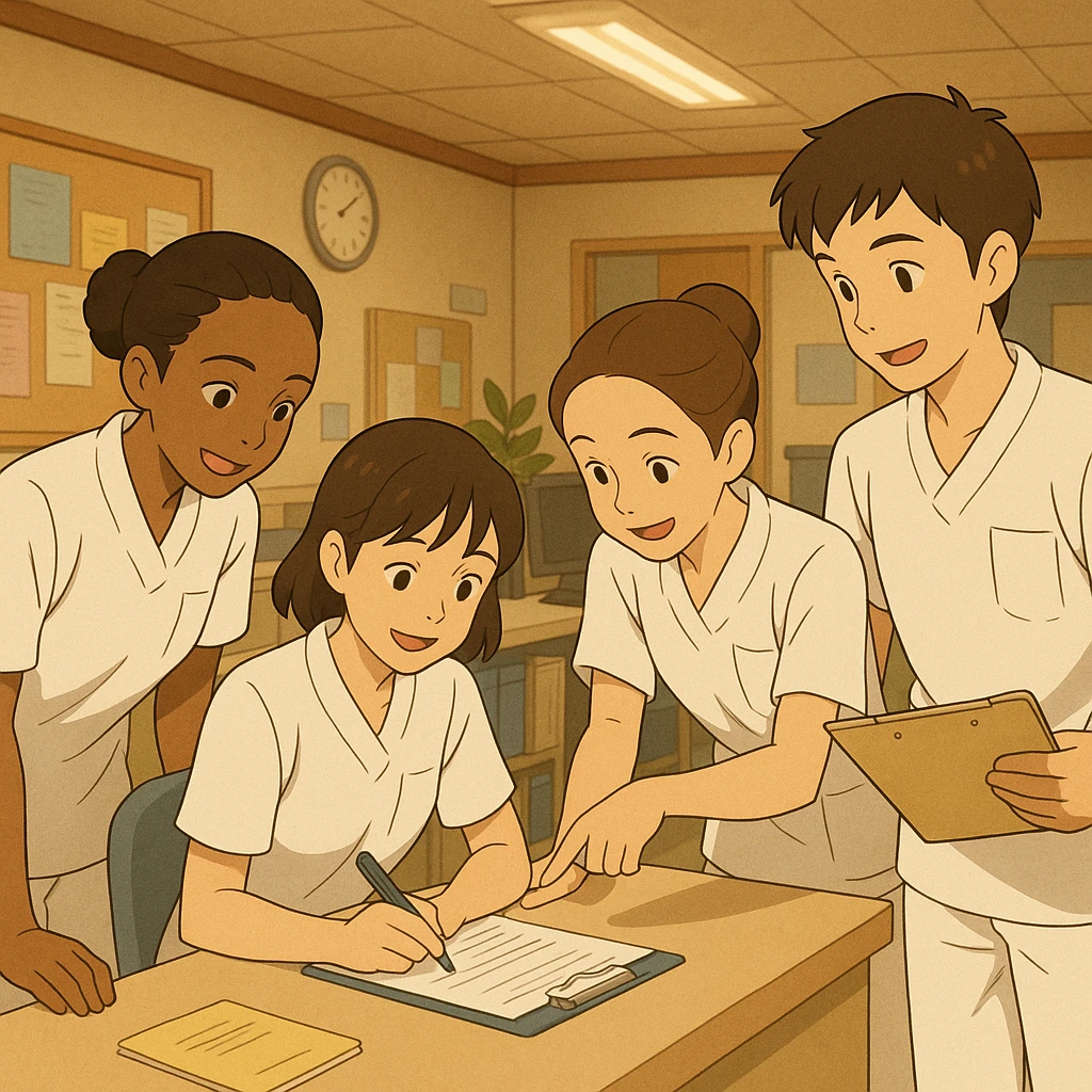 scène de collaboration entre quatre étudiants infirmiers inspirés des photos, dans un poste de soin, ambiance d'équipe, style Ghibli, uniformes blancs, tuniques médicales à col en V, poche poitrine à gauche, manches courtes, pas de col classique, ni stéthoscopes, ni tissus sous les manches, interaction et entraide emoji