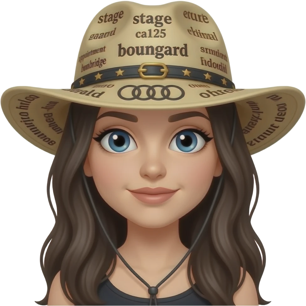 eyes are too big, can you make a hat on her with many words in it hair is too long. use these word: stage, grungard, bodrum, ca125, appointment, cambridge, audi, kivircik, bodrum, blood, texas, gluten-free, krasner emoji