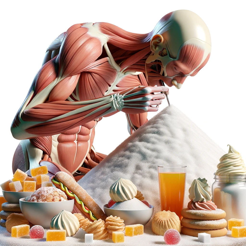 corpo umano anatomico che si abbuffa di dolci e zuccheri, montagna di zuccheri davanti a lui, iperrealistico 4k, isolato su sfondo bianco emoji