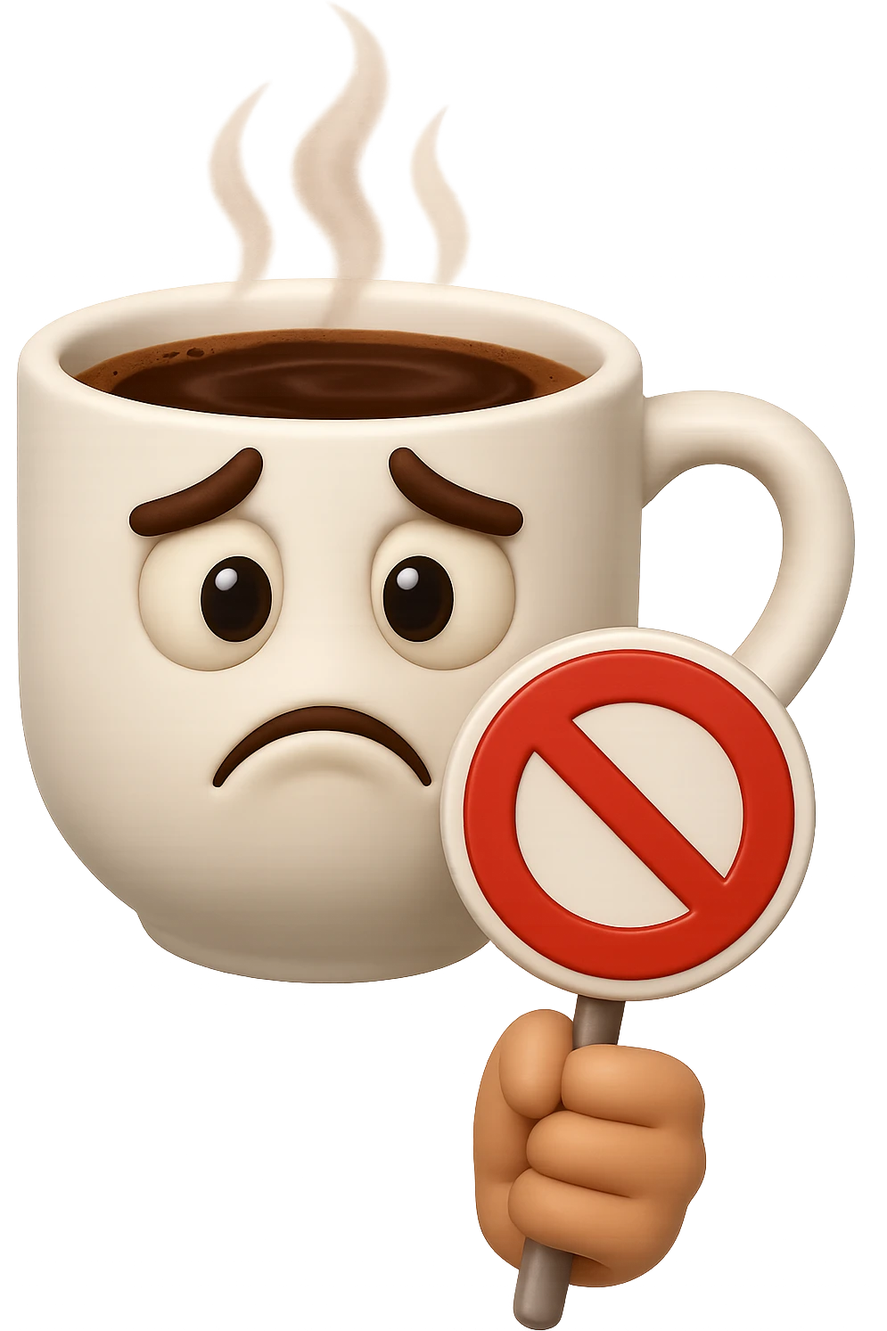 emoji stile iphone di una tazzina di caffè con espressione triste in volto mentre tiene un divieto in mano, iperrealistico 4k emoji