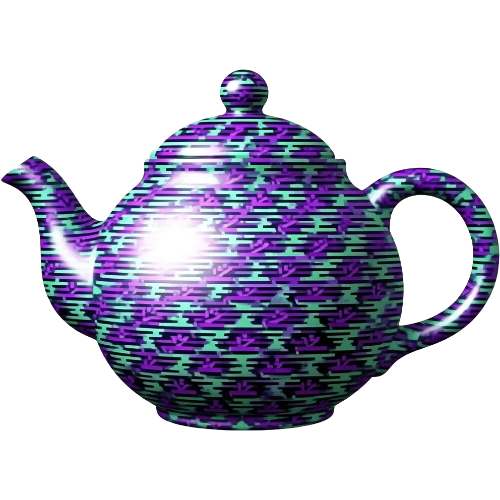 glitchy textured teapot all over it, just purple and green, black glitchy colors z-fighting on it everywhere no spotless areas. emoji