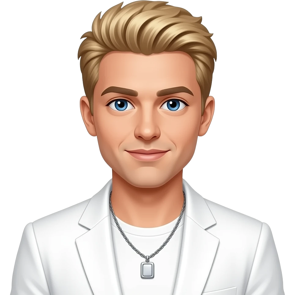 Nick Carter from Backstreet Boys with blue eyes, blonde hair, white pop outfit, necklace emoji