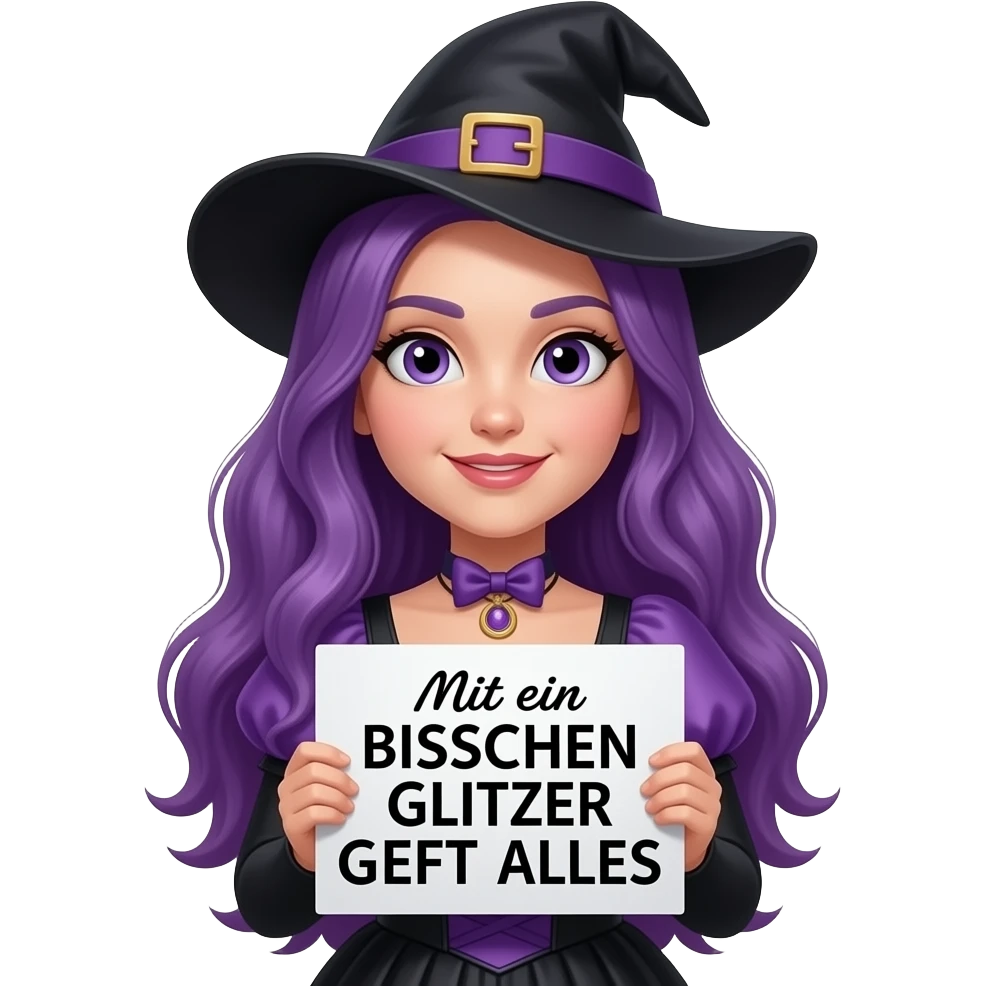 girl with long purple hair wearing a halloween costume holding a Mit ein BISSCHEN GLITZER GEHT ALLES sign emoji