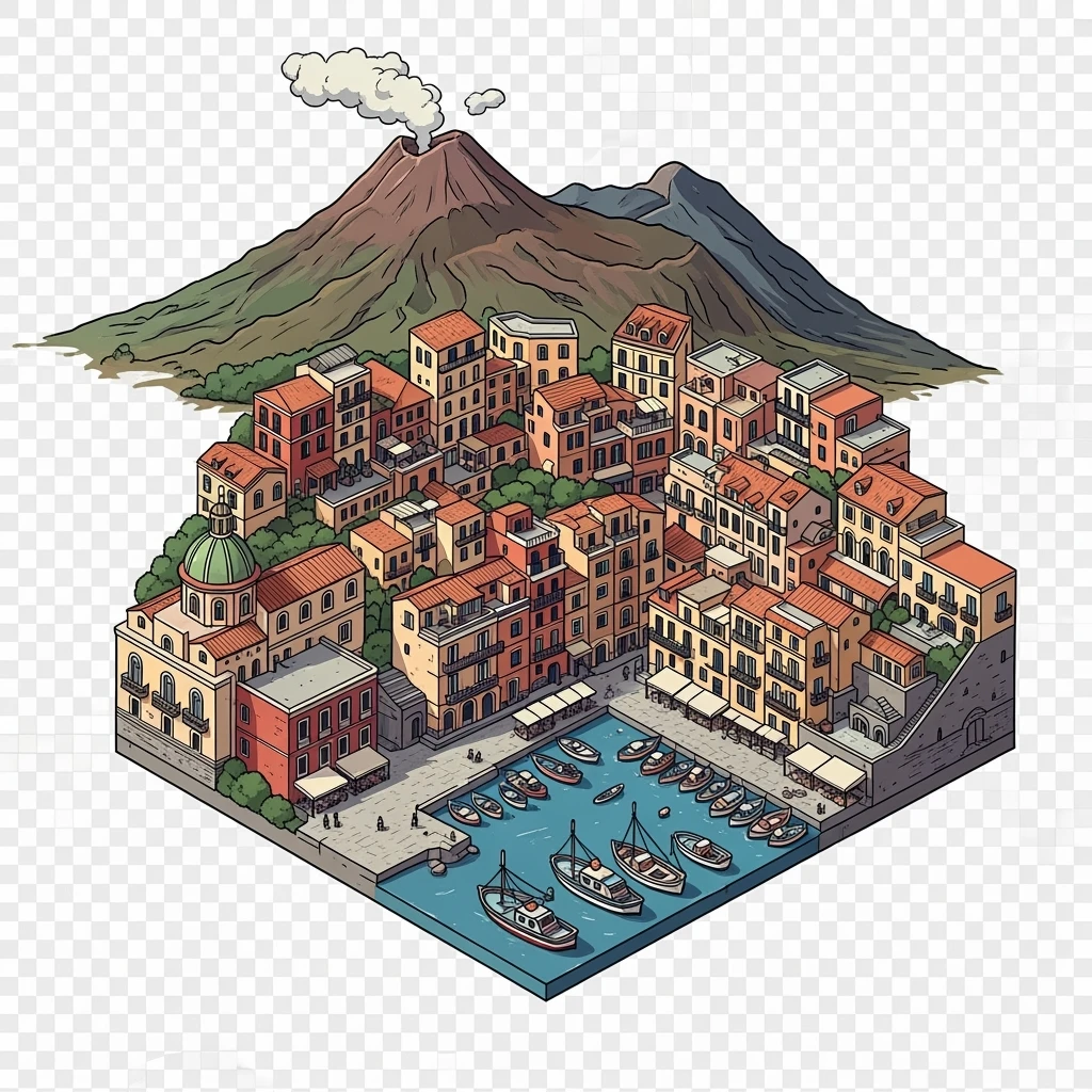 Isometric illustration of Naples, featuring colorful stacked coastal houses and Mount Vesuvius in the background, highly detailed in semi-realistic style with sharp outlines, balanced between stylized and realistic, 3D miniature effect, transparent background. emoji