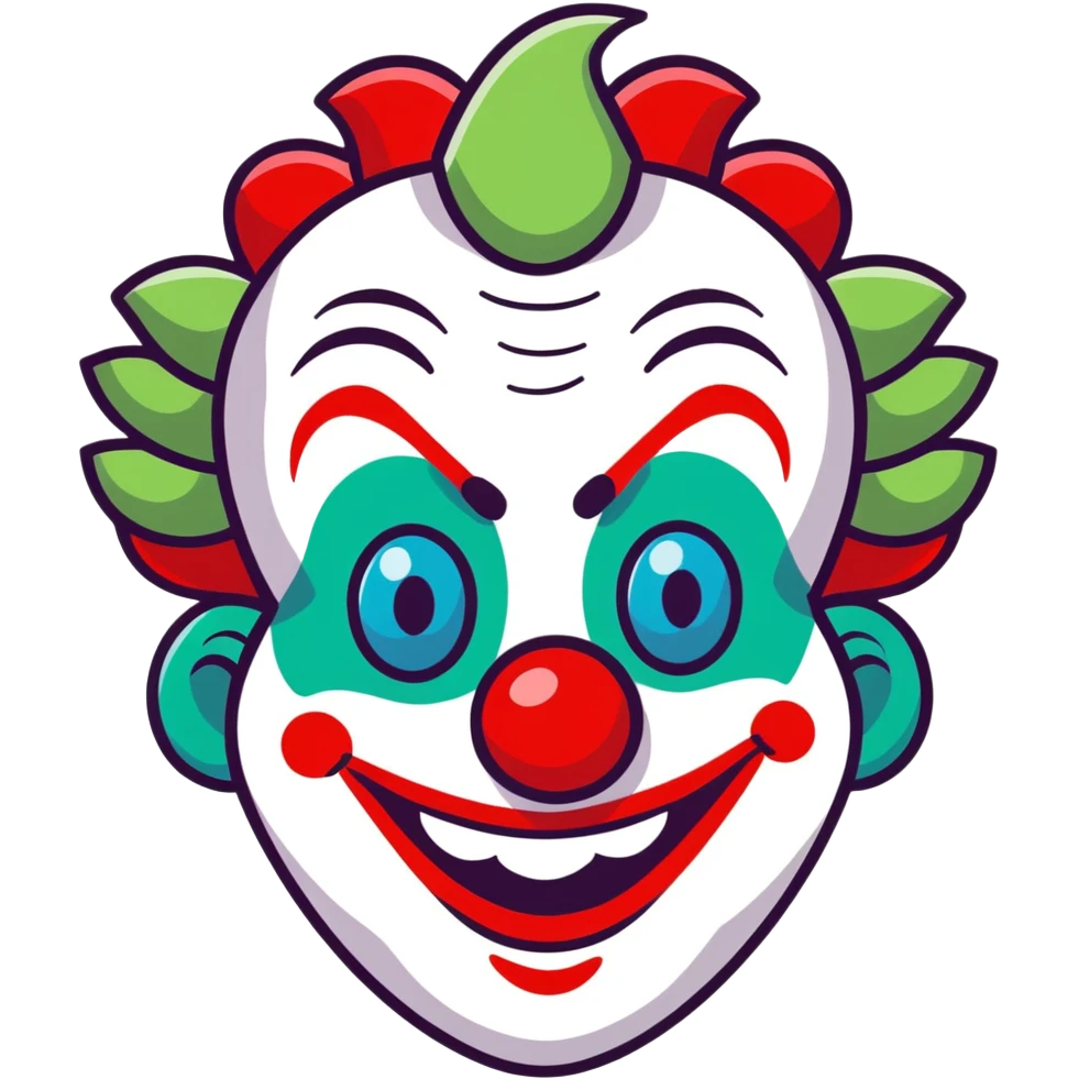 clown with green dreadlocks blue diamond shape eyes, red nose, and big red smile emoji