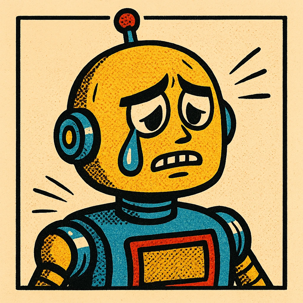 robot with teardrop, retro comic panel look, emotional expression, oldschool comicbook style emoji