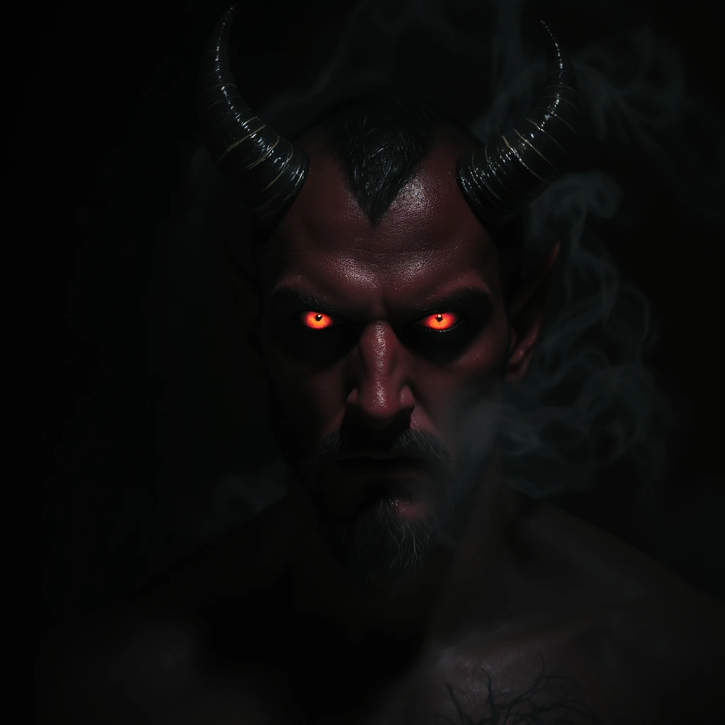 realistic devil with horns and glowing eyes, dark and moody atmosphere emoji