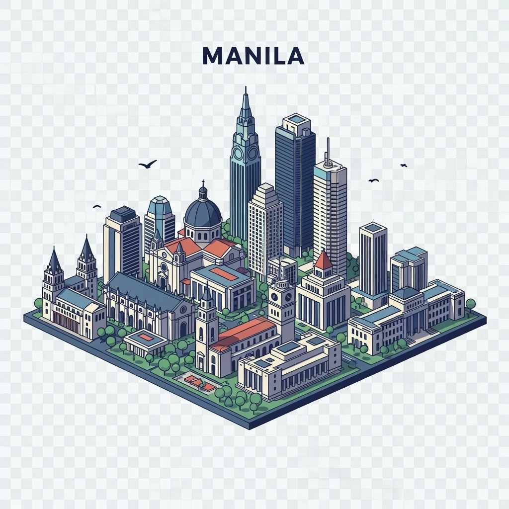 Isometric minimalistic illustration of Manila, subtle 3D miniature effect and Tilt Shift effect, no cartoonish look, transparent background. emoji