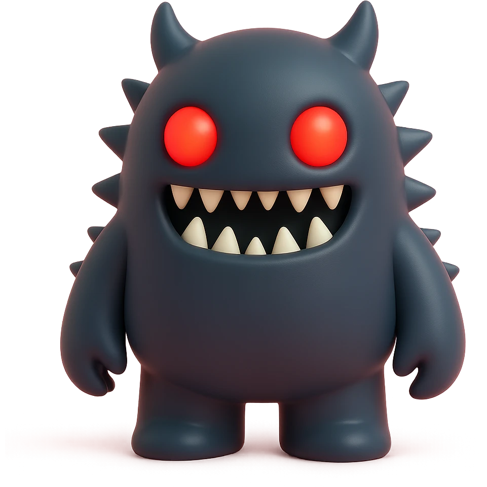 scary monster with sharp teeth, glowing red eyes, spiky body, dark color palette, toy-like vinyl figure style emoji