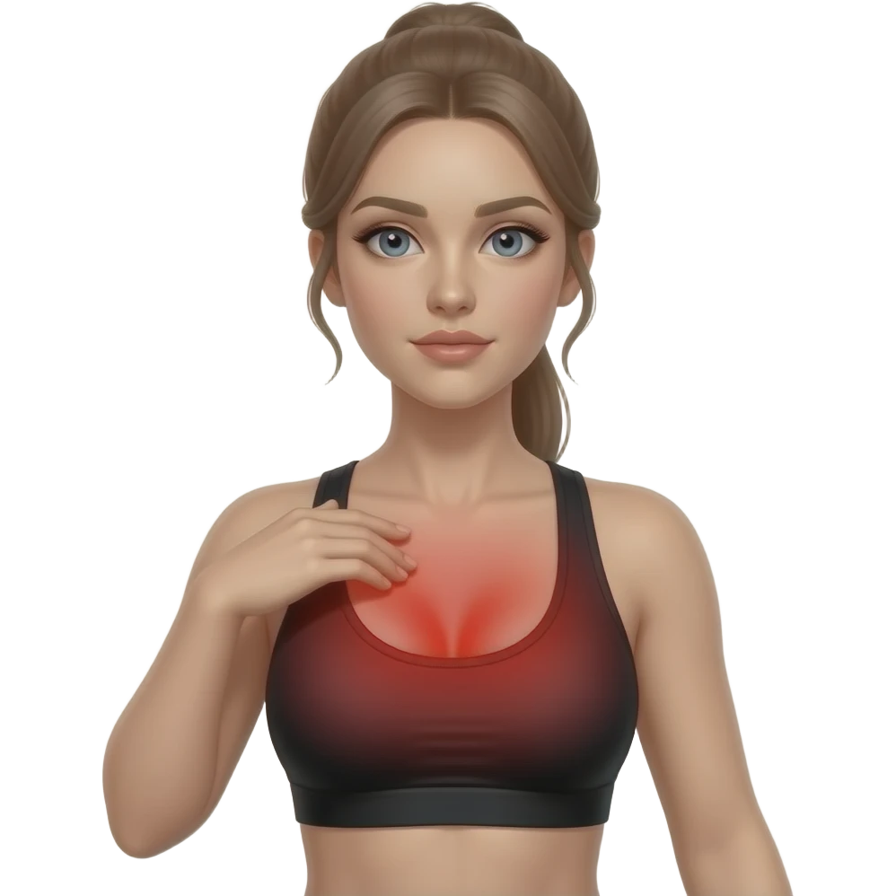 chest tension, full red glow covering the entire chest area, woman touching upper chest, fair-skinned woman, gray-blue eyes, ash brown brows, ash light brown hair tied back, slim athletic body, black workout set emoji