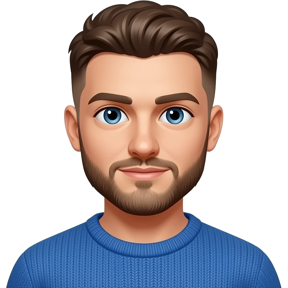 BW - young man, blue eyes, early 20s, light brown skin fade very short on top textured hair, full short beard, blue jumper emoji
