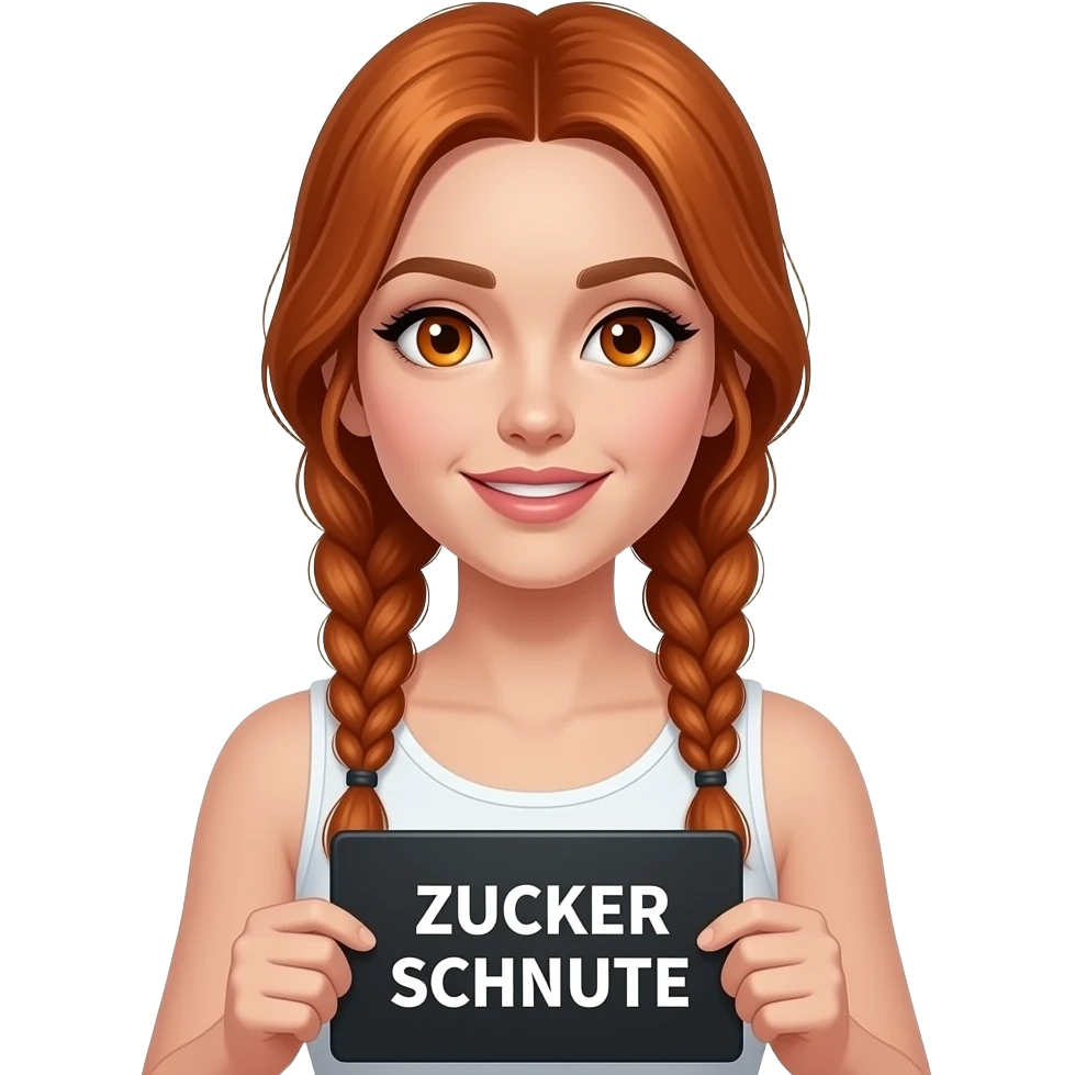 sexy girl with long ginger braids and ginger eyes wearing a white tanktop is holding a black sign with ZUCKER SCHNUTE written on it emoji