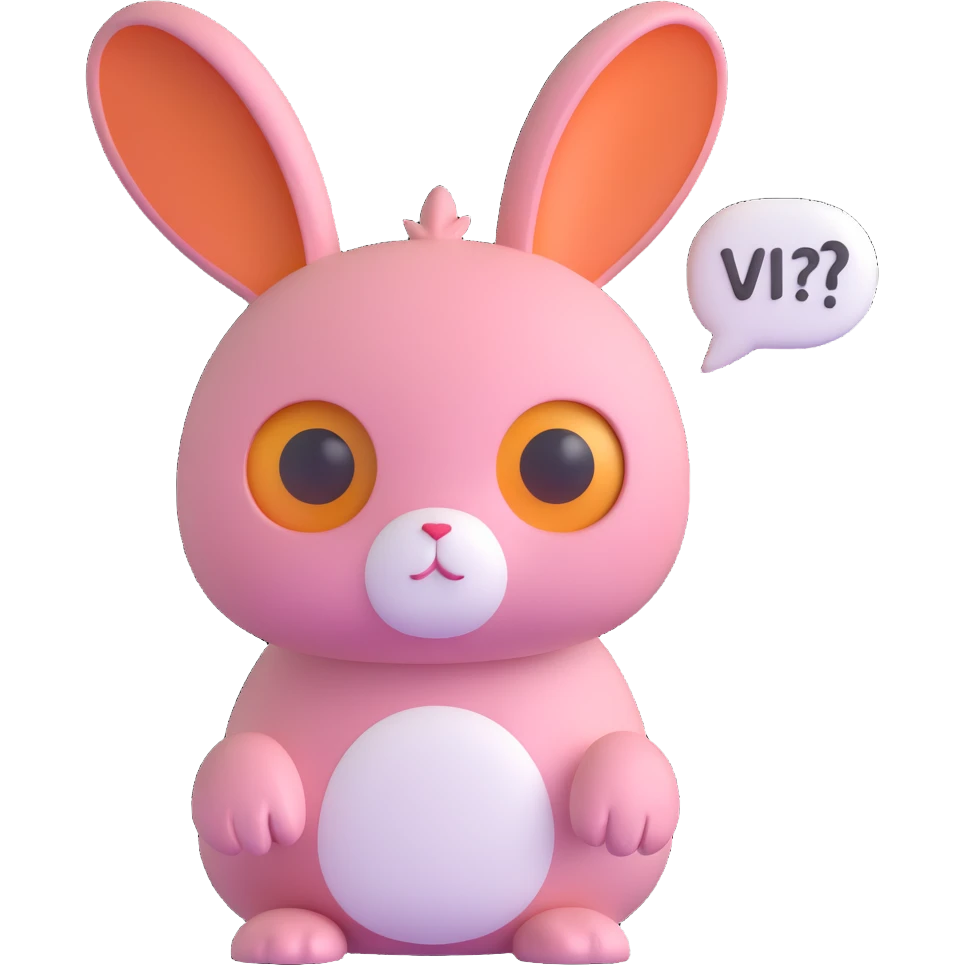 3D rabbit with big eyes and a sorrowful face, speech bubble with text 'Why don't you come to my website and leave me a comment?', visually attractive and friendly design emoji