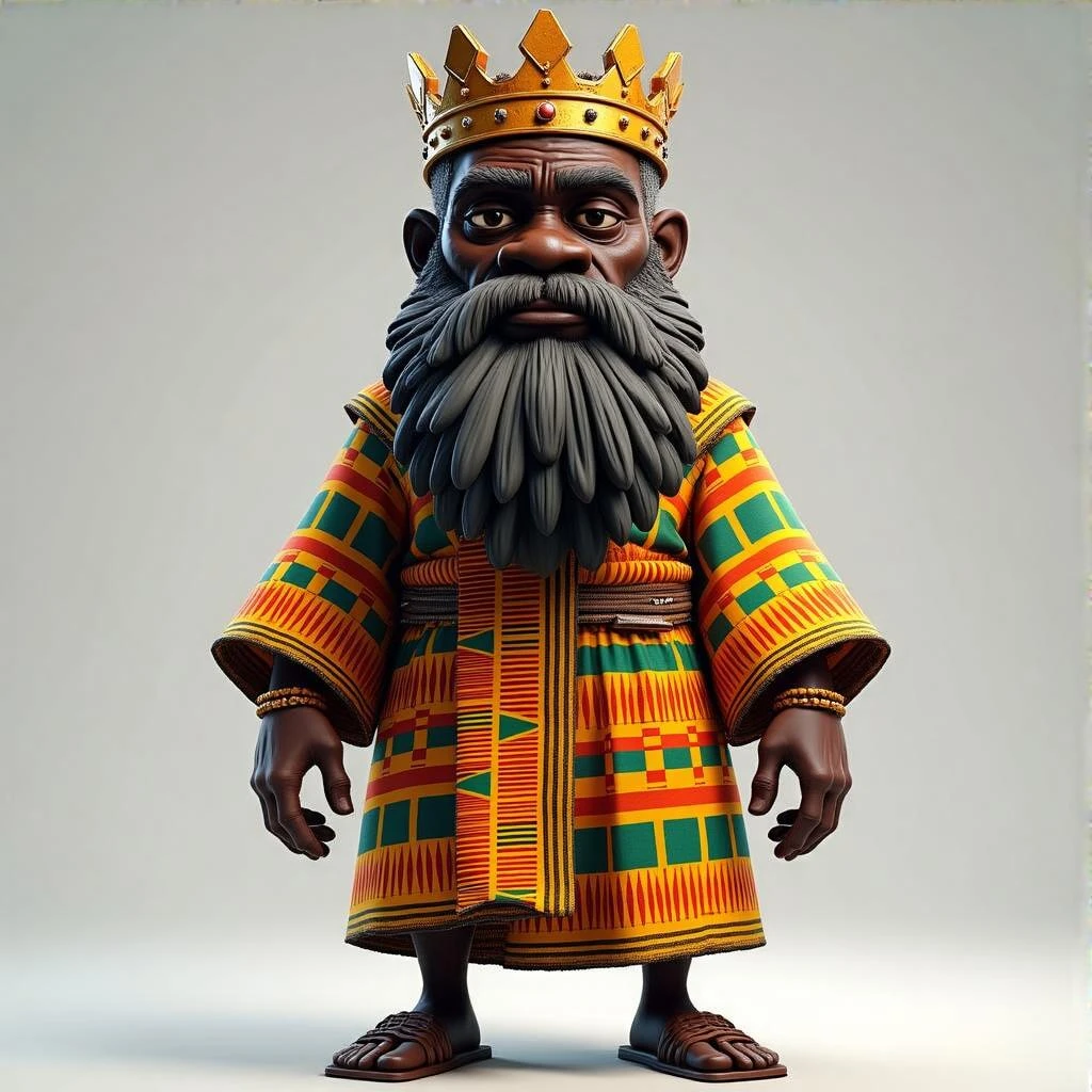 Create me a Stylized 3D Character Art of an old African king with a large beard wearing kente cloth with a white silky luxurious cloth for a Strategy Game. Make it have a balance of realism and caricature. emoji