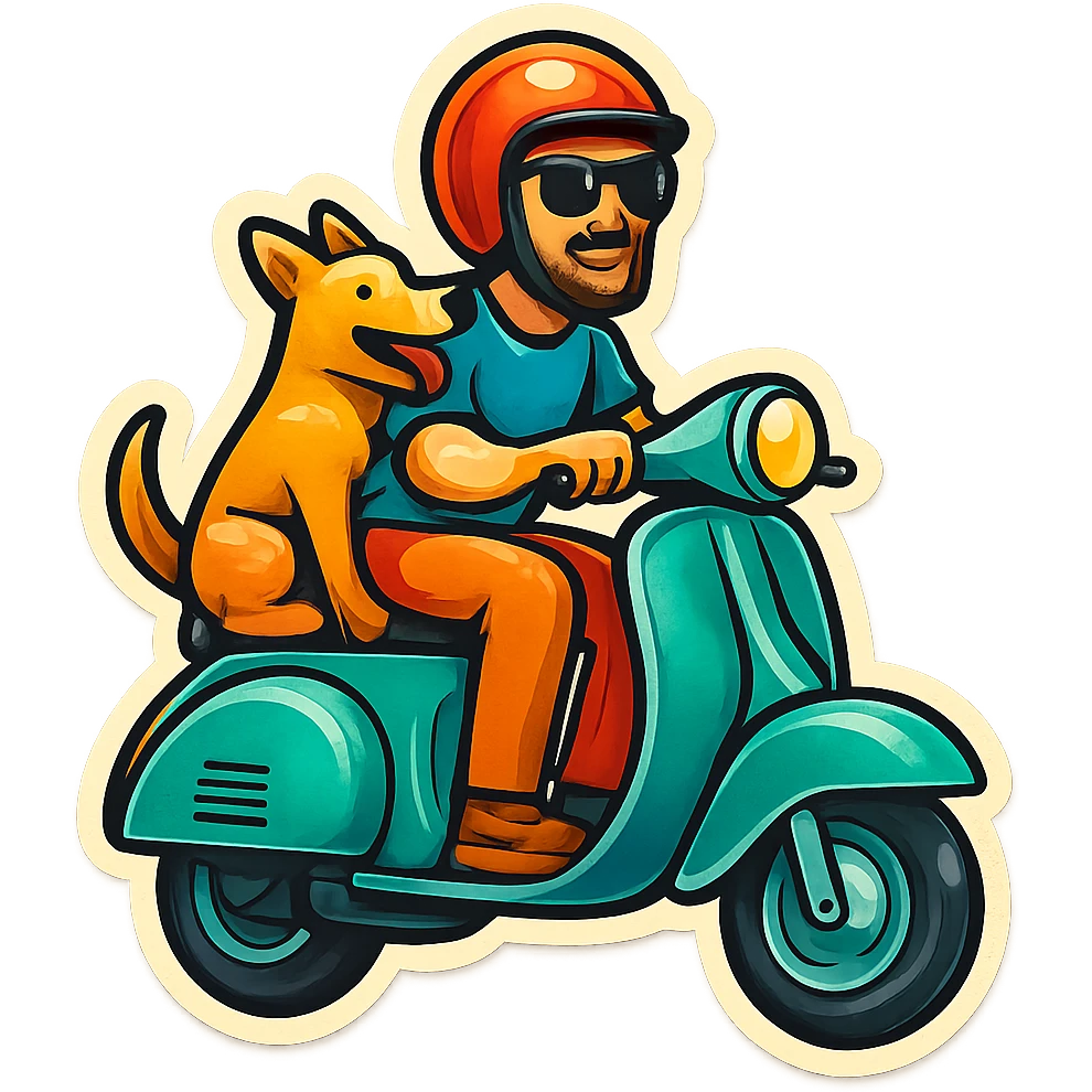 man and his pet dog riding a vespa emoji