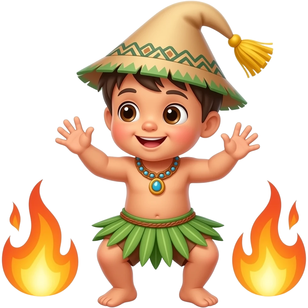 Keep this but change the hat to a menehune hat with yellow tassel, maybe make the baby look more adventurous dancing with fire emoji